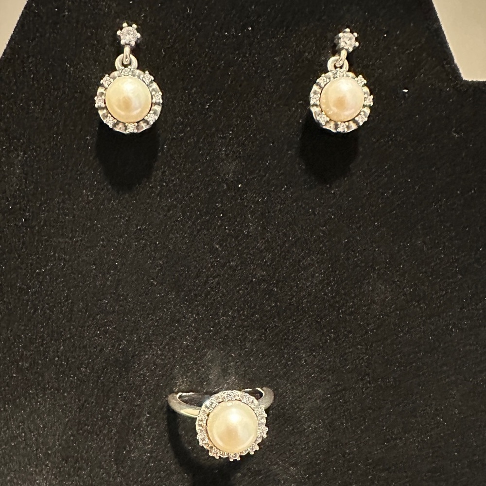 Pandora Pearl and Silver earring and ring set